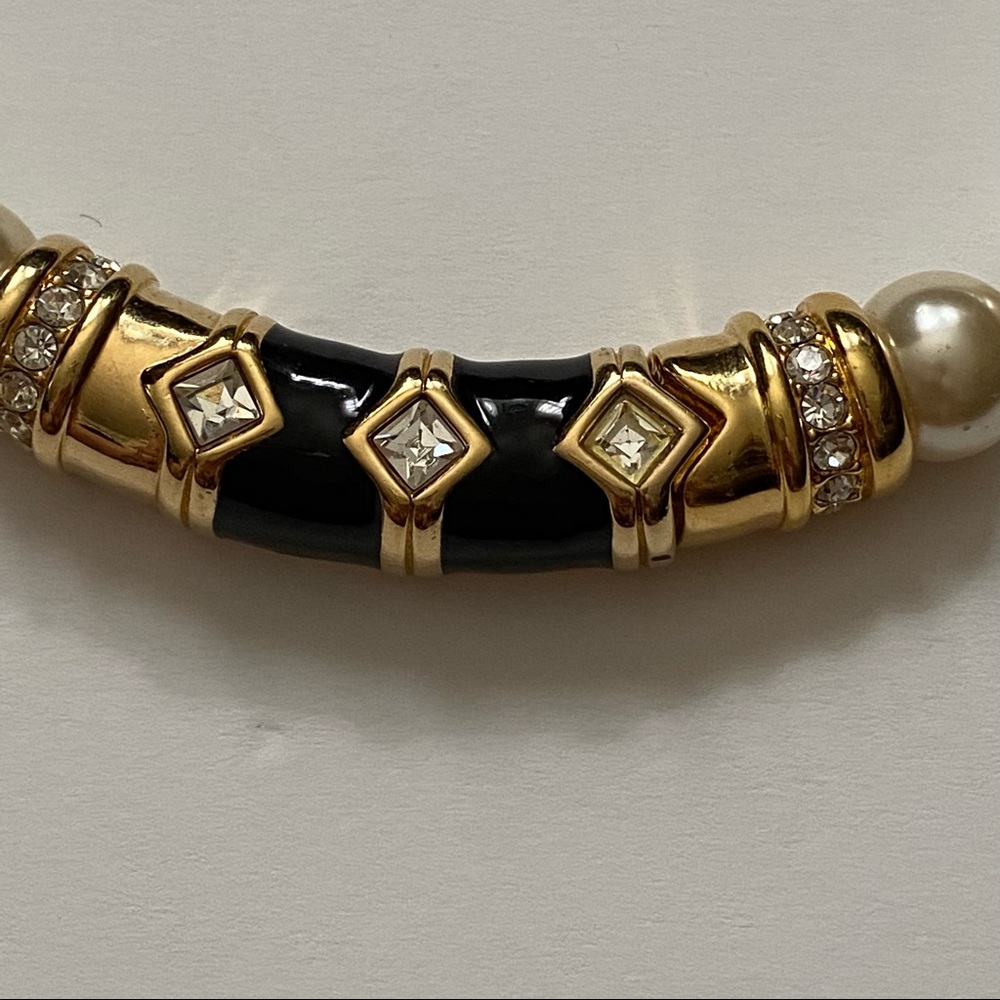 SWAROVSKI NECKLACE CHOKER PEARLS GOLD BLACK ENAMEL CRYSTALS 17” STATEMENT - Picture 6 of 12